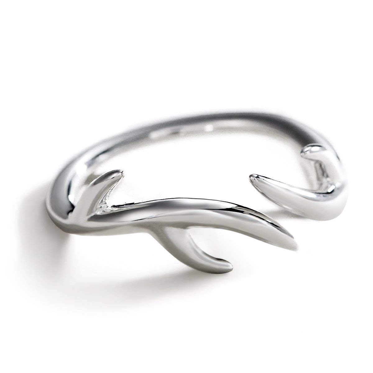 JEWME S925 Sterling Silver Deer Reindeer Antler Ring Adjustable Women Gift Lover Jewelry(7-8)