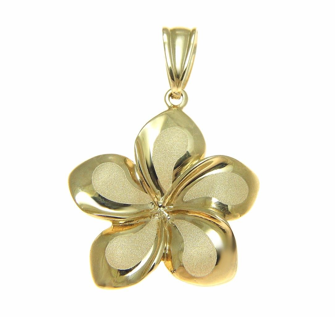 Arthur's Jewelry 14k Solid yellow gold 19mm Hawaiian plumeria flower charm pendant