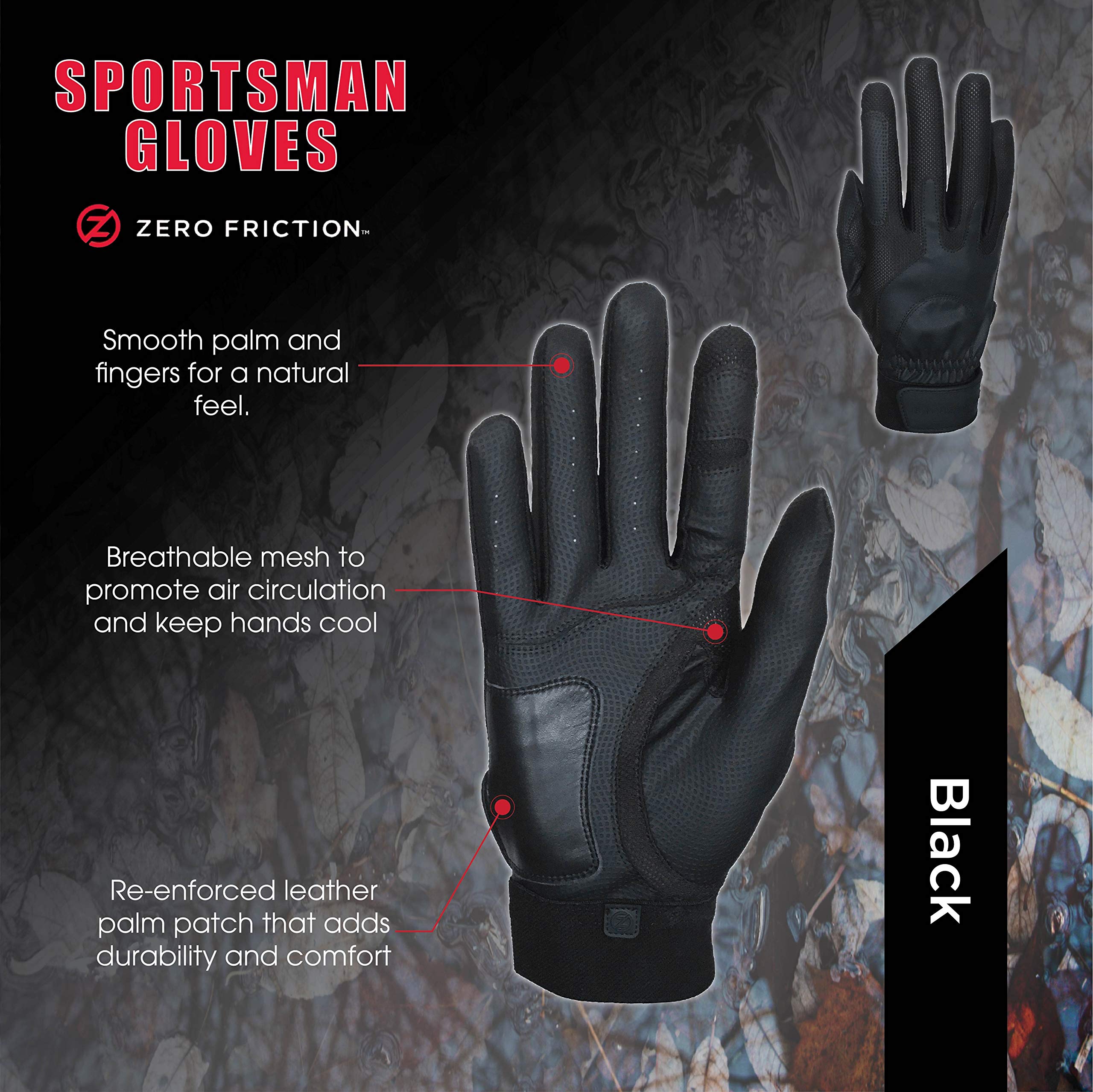 Zero Friction Sportsman's Gloves Black (Pair), Great for Hunting, Fishing, Camping, and Shooting, Universal-Fit