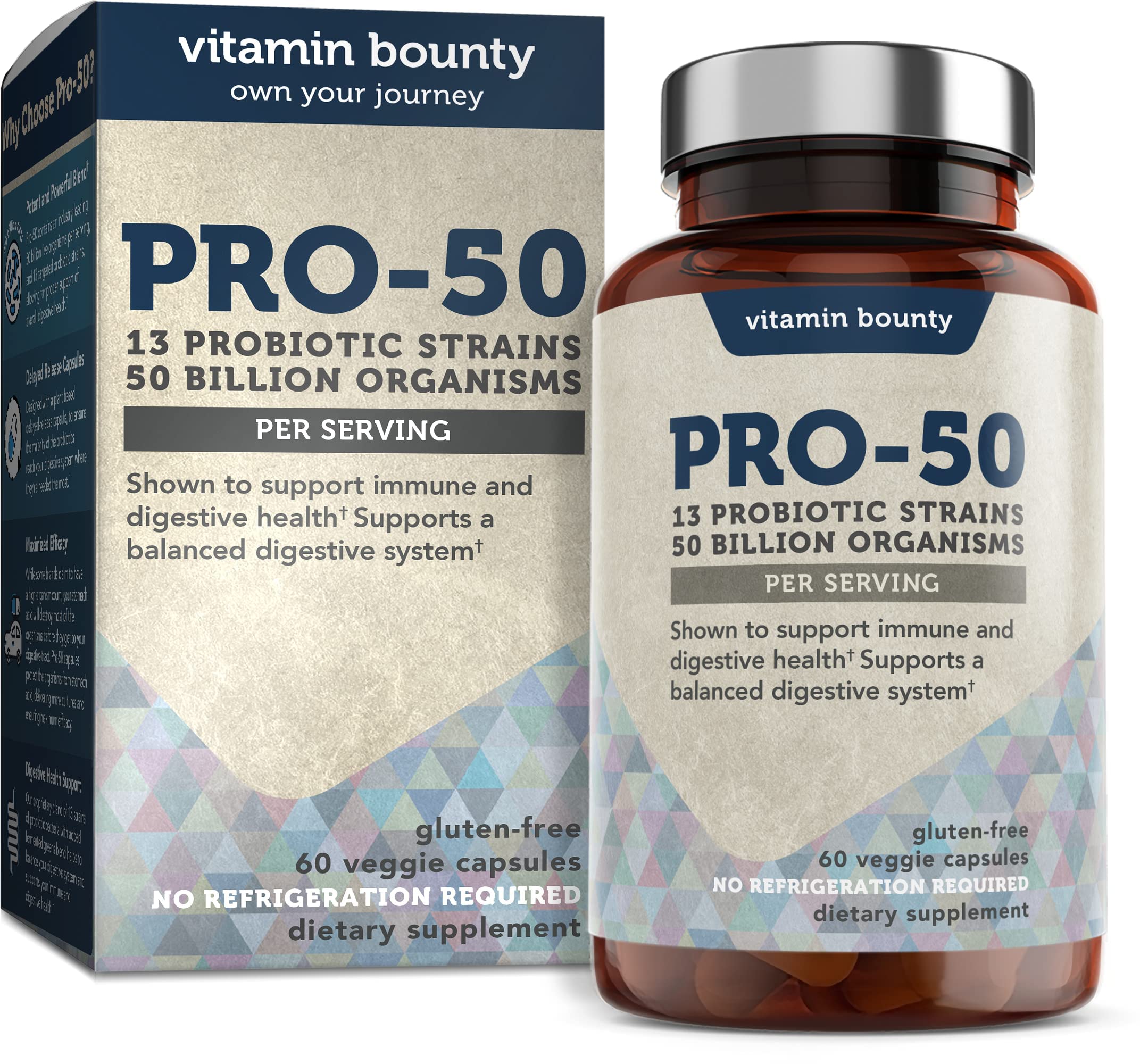 Vitamin Bounty Pro-50 Probiotic - 50 Billion Organisms and 13 Probiotic Strains That Promote Gut Health, Digestive Health Probiotic, Delayed Release Capsule with Prebiotic Greens - 60 Capsules