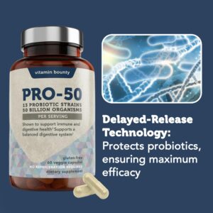 Vitamin Bounty Pro-50 Probiotic - 50 Billion Organisms and 13 Probiotic Strains That Promote Gut Health, Digestive Health Probiotic, Delayed Release Capsule with Prebiotic Greens - 60 Capsules