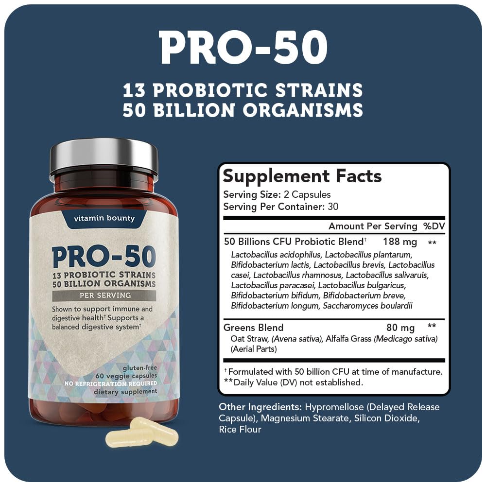 Vitamin Bounty Pro-50 Probiotic - 50 Billion Organisms and 13 Probiotic Strains That Promote Gut Health, Digestive Health Probiotic, Delayed Release Capsule with Prebiotic Greens - 60 Capsules