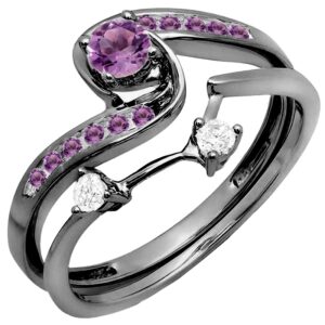 Dazzlingrock Collection Round Amethyst & White Diamond Swirl Bypass Wedding Ring Set for Women Black Plated in 10K White Gold, Size 6