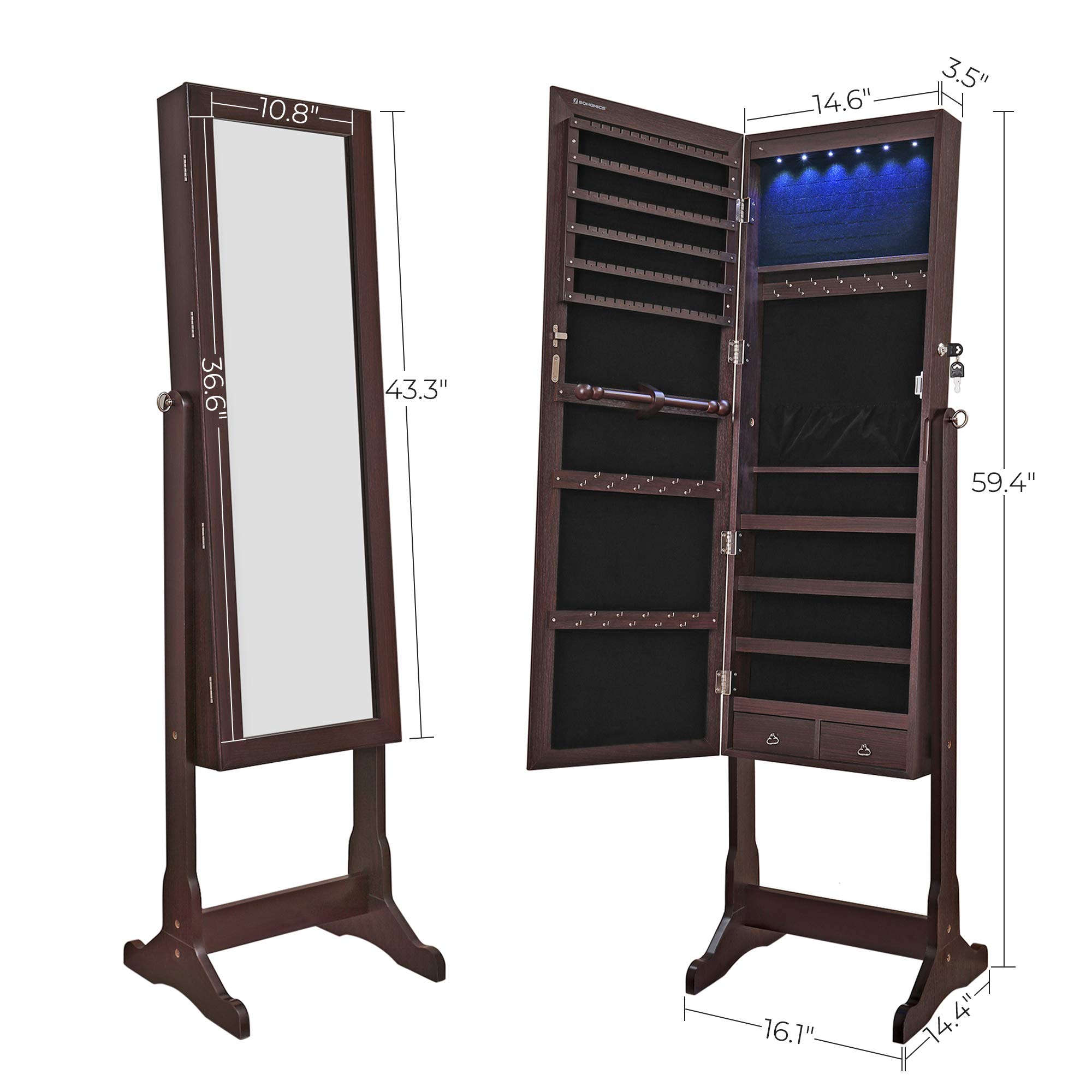 SONGMICS Jewelry Cabinet with 6 LED Lights, Lockable Mirrored Jewelry Armoire Organizer, 2 Drawers, Brown UJJC94K