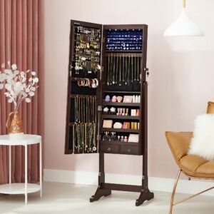 SONGMICS Jewelry Cabinet with 6 LED Lights, Lockable Mirrored Jewelry Armoire Organizer, 2 Drawers, Brown UJJC94K