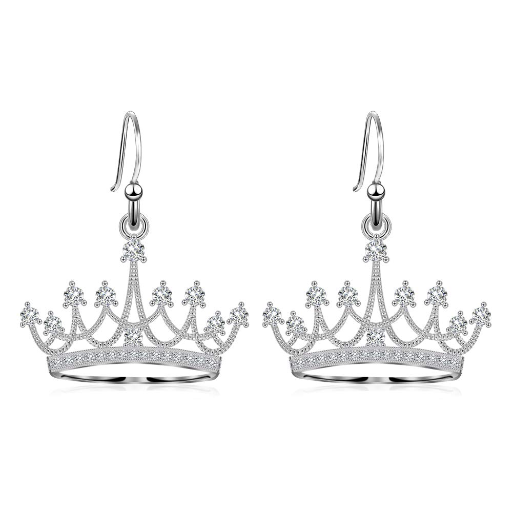 Sterling Silver Round Cubic Zirconia Crown Dangle Earrings for Women Queen Jewelry Mothers Day Gifts for Mom Valentines Christmas Birthday Jewelry Gifts for Wife Girlfriend