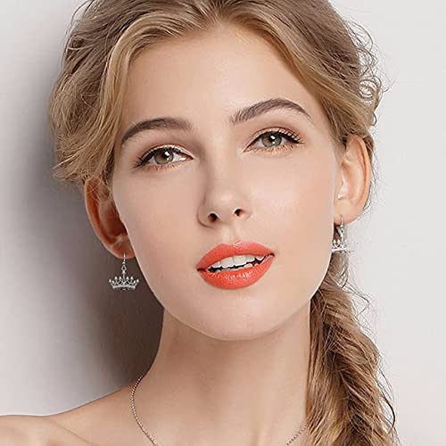 Sterling Silver Round Cubic Zirconia Crown Dangle Earrings for Women Queen Jewelry Mothers Day Gifts for Mom Valentines Christmas Birthday Jewelry Gifts for Wife Girlfriend