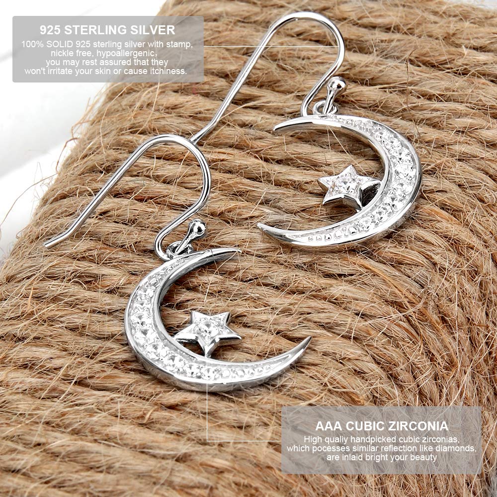 Sterling Silver Round Cubic Zirconia Crescent Moon & Star Dangle Earrings Star Jewelry for Women Mom