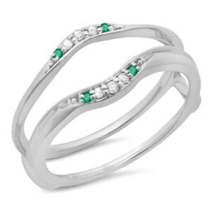 Dazzlingrock Collection Round Emerald & White Diamond Ladies Anniversary Band Guard Double Ring in 14K White Gold, Size 8.5