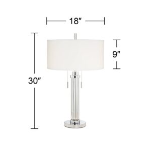 Possini Euro Design Cadence Modern Art Deco Style Column Table Lamp 30" Tall Chrome Silver Linear Clear Glass Rod White Drum Shade Decor for Living Room Bedroom House Bedside Nightstand Home Office