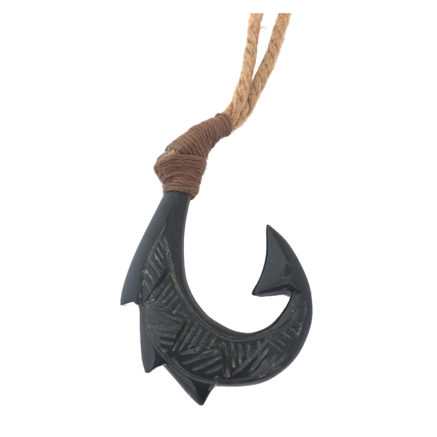 Hawaiian Heirloom Jewelry Black Hand Carved Design Fish Hook Necklace