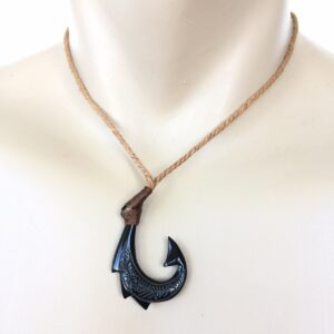 Hawaiian Heirloom Jewelry Black Hand Carved Design Fish Hook Necklace