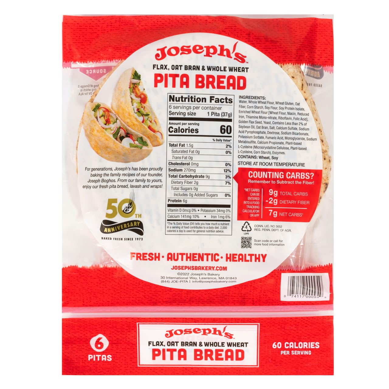 Joseph's Combo Value Pack, Flax, Oat Bran & Whole Wheat, Low Carb Pita Bread, Lavash Bread, and MINI Pita, Fresh Baked (1 Pack Each, 3 Packages Total)