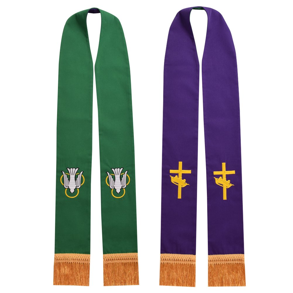 BLESSUME Church Pastor Reversible Stole with Tassels (Green and Purple)