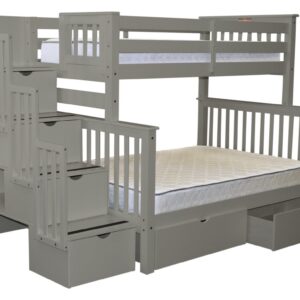 Bedz King Stairway Bunk Beds Twin over Full with 4 Drawers in the Steps and 2 Under Bed Drawers, Gray