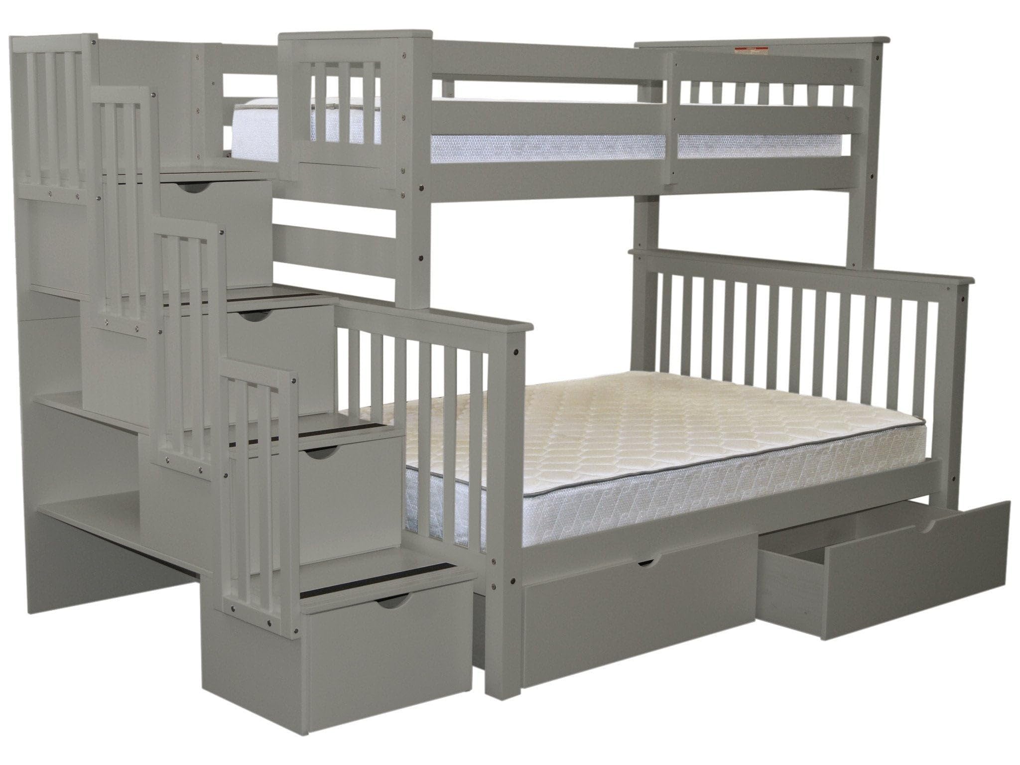 Bedz King Stairway Bunk Beds Twin over Full with 4 Drawers in the Steps and 2 Under Bed Drawers, Gray