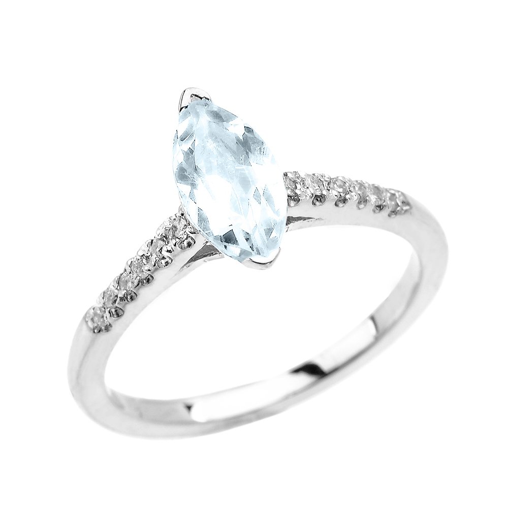 Dainty 10k White Gold Diamond and Marquise Aquamarine Solitaire Engagement Proposal Ring (Size 5.5)