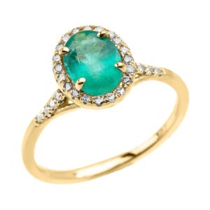 Dainty 14k Yellow Gold Halo Diamond and Oval Zambian Emerald Solitaire Engagement Proposal Ring (Size 7.5)