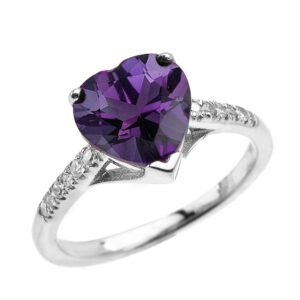 Dainty 14k White Gold Solitaire Heart Amethyst and Diamond Engagement Proposal Ring (Size 9)