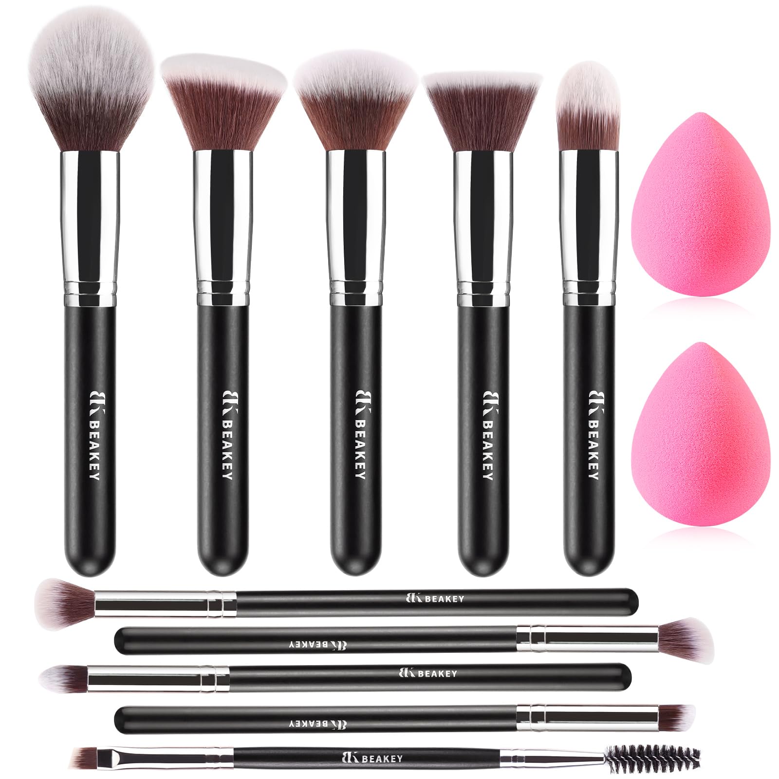 BEAKEY Makeup Brush Set Professional for Eye and Face, Blending Brush for Foundation, Eyeshadow, Concealer, Make up Brushes Pack with 2 Blender Sponge, Eye Shadow Brush with Paper Case, Gift for Women