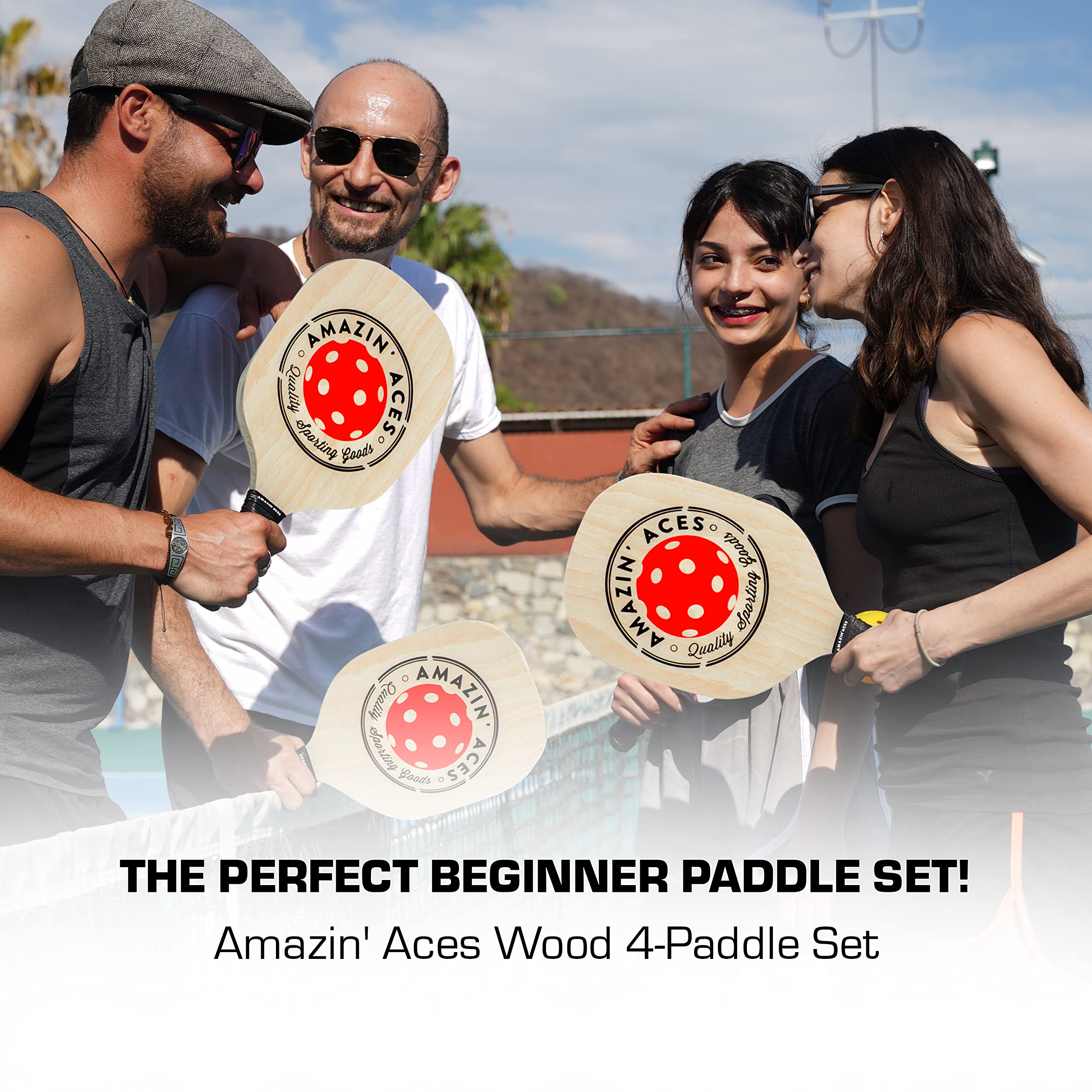 Amazin' Aces Pickleball Wood Paddle Set of 2- Pickleball Paddle Set includes Wood Pickleball Paddles, 4 Pickleballs, 1 Mesh Carry Bag, and 1 Quality Box (2 Pack)