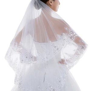 Edith qi 2 Tier Lace Silver Lined Beaded Edge Fingertip Length Bridal Wedding Veil,White,Free Size