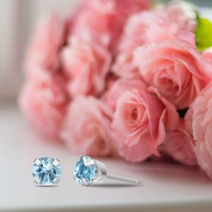 0.50 Carat Aquamarine Round Stud Earrings for Women in 14k White Gold 4 mm Birthstone Post with Friction Back I Push Back Studs by Lavari Jewelers