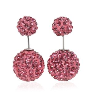 Sexy Sparkles Clay Earrings Double Sided Ear Studs Round Pave Pink Rhinestone with Stoppers (Pink)