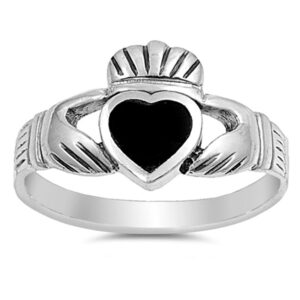 Simulated Black Onyx Claddagh Heart Promise Ring New .925 Sterling Silver Band Size 8