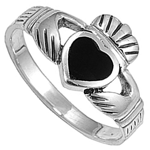 Simulated Black Onyx Claddagh Heart Promise Ring New .925 Sterling Silver Band Size 8