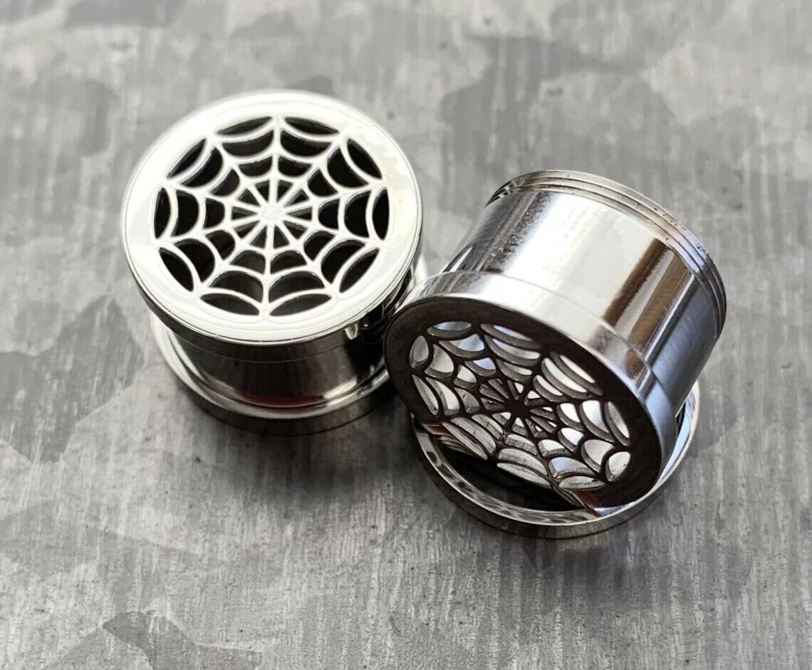 Lobal Domination PAIR of Spider Web Screw Fit Steel Tunnels Spiderweb Ear Plugs - 2g thru 1" (2g (6mm))