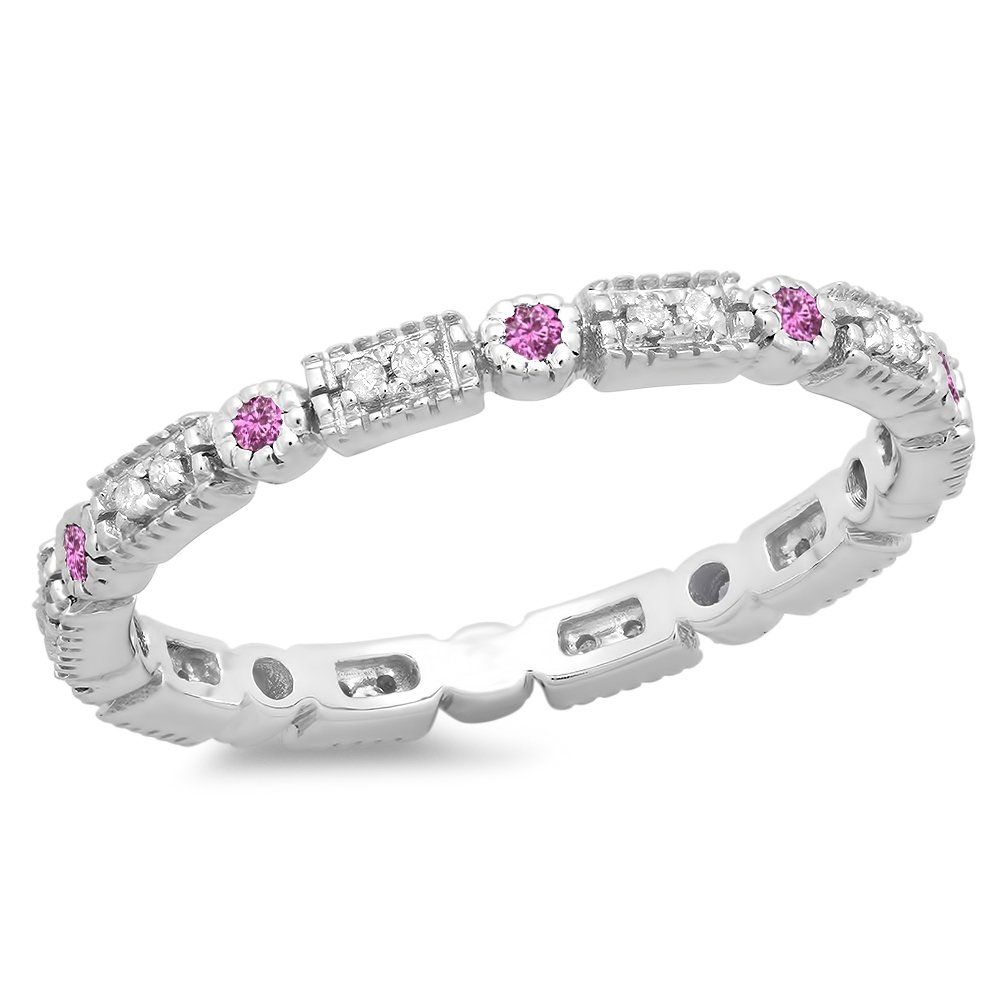 Dazzlingrock Collection 14K Round Pink Sapphire & White Diamond Women Wedding Eternity Stackable Band, White Gold, Size 4.5