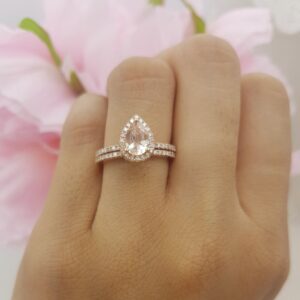 Dazzlingrock Collection 10K 7X5 MM Pear Morganite & Round Diamond Ladies Bridal Teardrop Engagement Ring Set, Rose Gold, Size 8.5