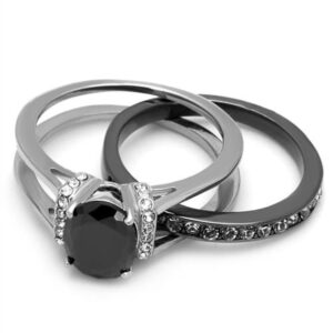 Marimor Jewelry Her and His Black Cubic Zirconia Stainless Steel Wedding Engagement Ring and Titanium Band Set Women's Size 05 Men's Size 05