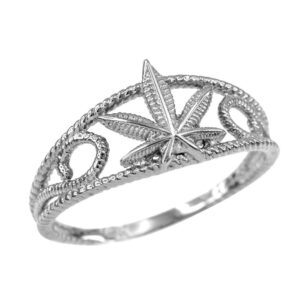 modern contemporary rings high polish 925 sterling silver filigree rope band marijuana leaf ring (size 4)