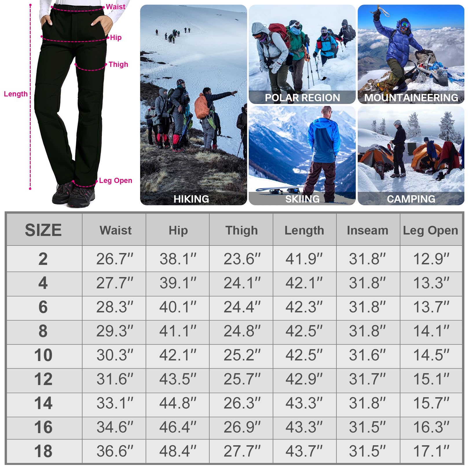 Jessie Kidden Women's Waterproof Pants Hiking Ski Snow Fish Fleece Lined Insulated Outdoor Golf Travel Pant (801F Black 6)