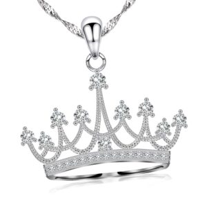 gemschest sterling silver round cubic zirconia crown pendant necklace queen jewelry for mom women with 18" silver chain