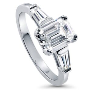 BERRICLE Sterling Silver 3-Stone Wedding Engagement Rings Emerald Cut Cubic Zirconia CZ Anniversary Ring for Women, Rhodium Plated Size 5.5