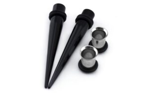 urban body jewelry 0 gauge ear stretching kit - (0g - 8mm) 2 black acrylic tapers & 2 steel tunnels (4 pieces)