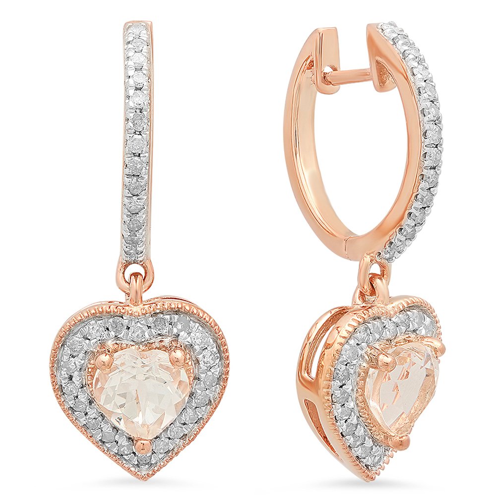 Dazzlingrock Collection - Rose Gold Plated Sterling Silver Morganite & Round White Diamond Ladies Heart Dangling Drop Earrings