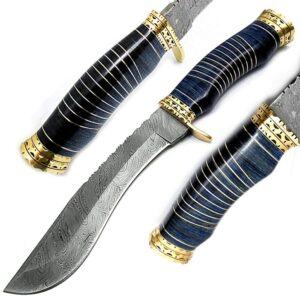 best.buy.damascus1 blue wood 13" fixed blade custom handmade damascus steel kukri hunting knife double brass bolster spacers unique beautiful file work on handel come with leather sheath