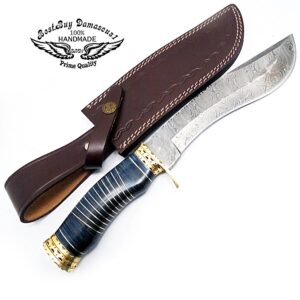 Best.Buy.Damascus1 Blue Wood 13" Fixed Blade Custom Handmade Damascus Steel Kukri Hunting Knife Double Brass Bolster Spacers Unique Beautiful File Work On Handel Come With Leather Sheath