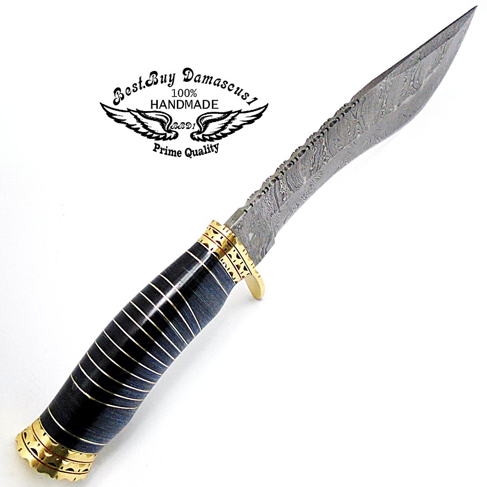 Best.Buy.Damascus1 Blue Wood 13" Fixed Blade Custom Handmade Damascus Steel Kukri Hunting Knife Double Brass Bolster Spacers Unique Beautiful File Work On Handel Come With Leather Sheath