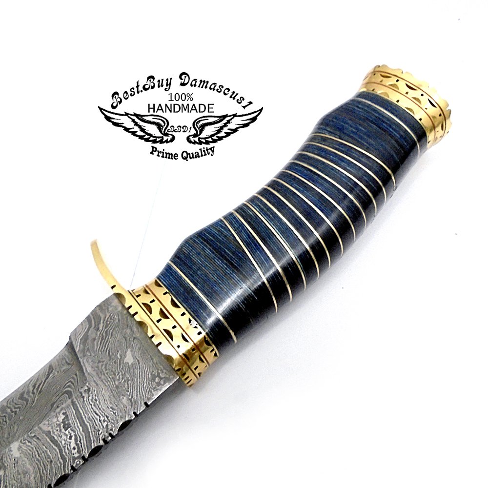 Best.Buy.Damascus1 Blue Wood 13" Fixed Blade Custom Handmade Damascus Steel Kukri Hunting Knife Double Brass Bolster Spacers Unique Beautiful File Work On Handel Come With Leather Sheath