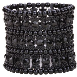 YACQ Women's Multilayer Stretch Cuff Bracelets Fit Wrist Size 6-1/2 To 7-1/2 Inch - Soft Elastic Band & 3 Row Crystals - 2 Inch Wide - Lead & Nickle Free (Dark Black)