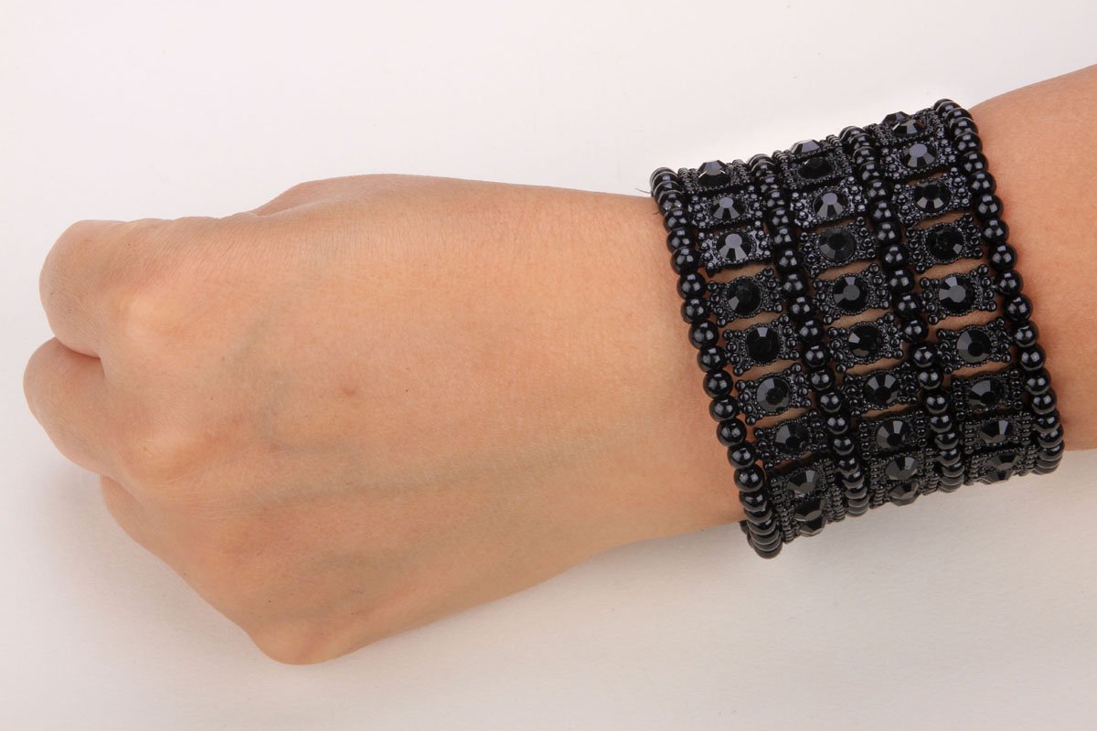 YACQ Women's Multilayer Stretch Cuff Bracelets Fit Wrist Size 6-1/2 To 7-1/2 Inch - Soft Elastic Band & 3 Row Crystals - 2 Inch Wide - Lead & Nickle Free (Dark Black)