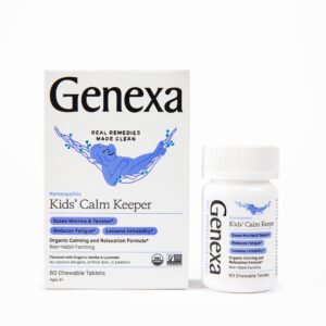 genexa kid's calm keeper stress relief for kids | reduces fatigue & eases tension | soothing natural vanilla & lavender flavor | certified vegan, gluten free, & non-gmo | 60 chewable tablets