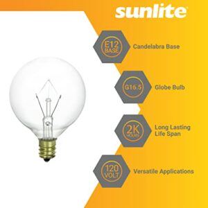 Sunlite G16.5 Incandescent Clear Globe Light Bulb, 25 Watts, 180 Lumens, 120 Volts, Candelabra E12 Screw Base, Title-20 Compliant, 2600K Warm White, 12 Pack