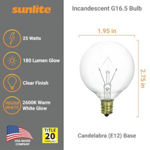 Sunlite G16.5 Incandescent Clear Globe Light Bulb, 25 Watts, 180 Lumens, 120 Volts, Candelabra E12 Screw Base, Title-20 Compliant, 2600K Warm White, 12 Pack