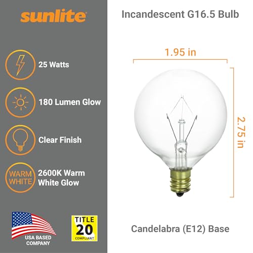 Sunlite G16.5 Incandescent Clear Globe Light Bulb, 25 Watts, 180 Lumens, 120 Volts, Candelabra E12 Screw Base, Title-20 Compliant, 2600K Warm White, 12 Pack